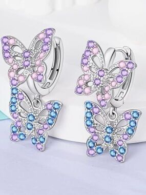 Silver Butterfly Drop Earrings with Pink, Purple & Blue Crystals